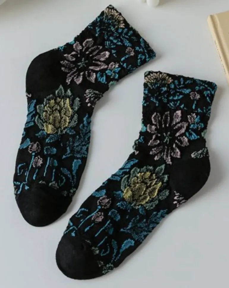 3D Bohemian Flowers Quarter Sock -Black