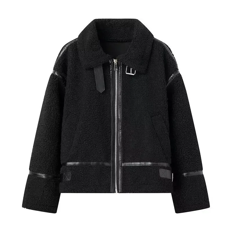 Flip collar color lamb wool jacket warm and comfortable in autumn and winter slim fit jacket motorcycle leather jacket