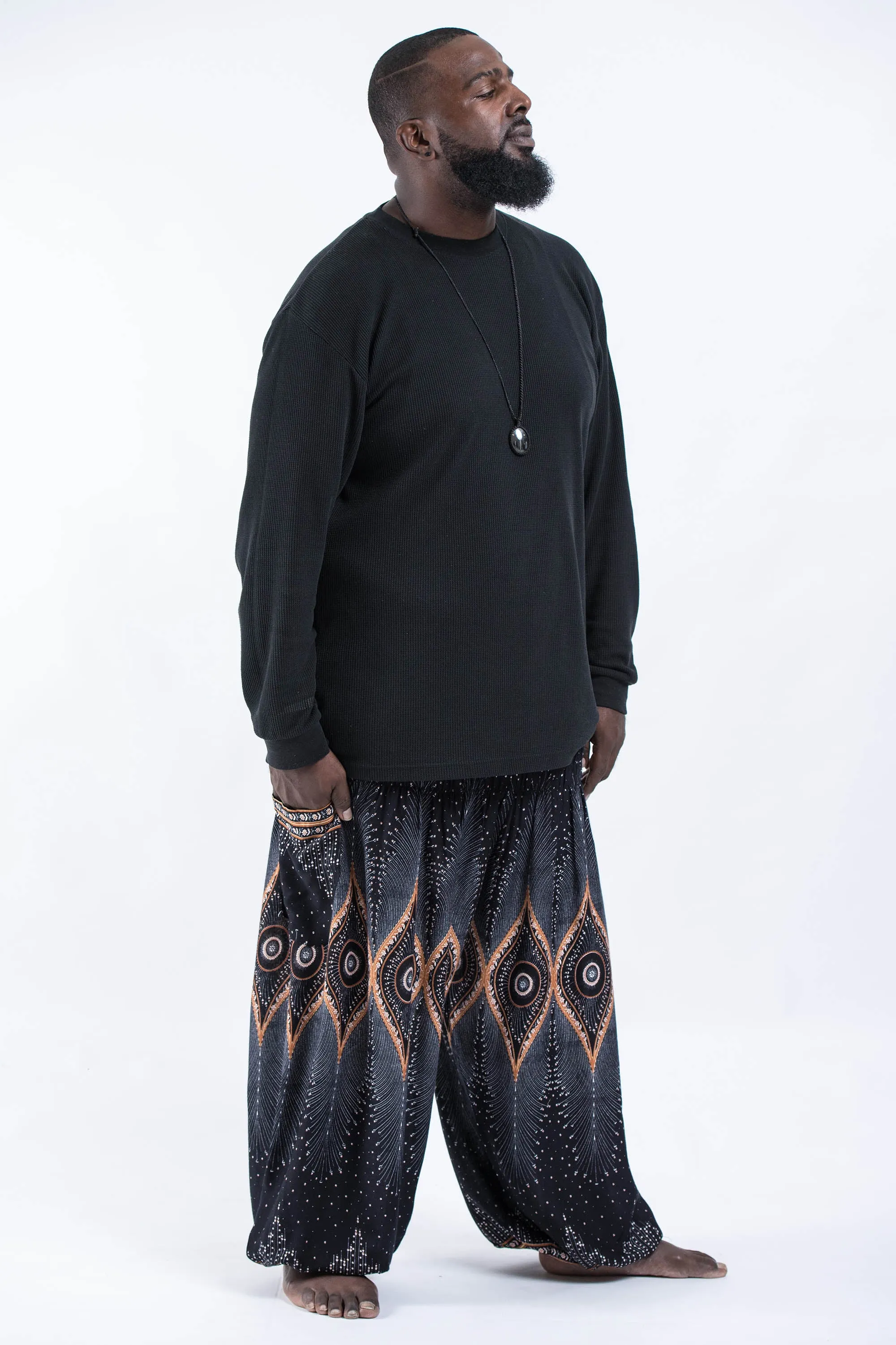 Plus Size Unisex Diamond Peacock Harem Pants in Black