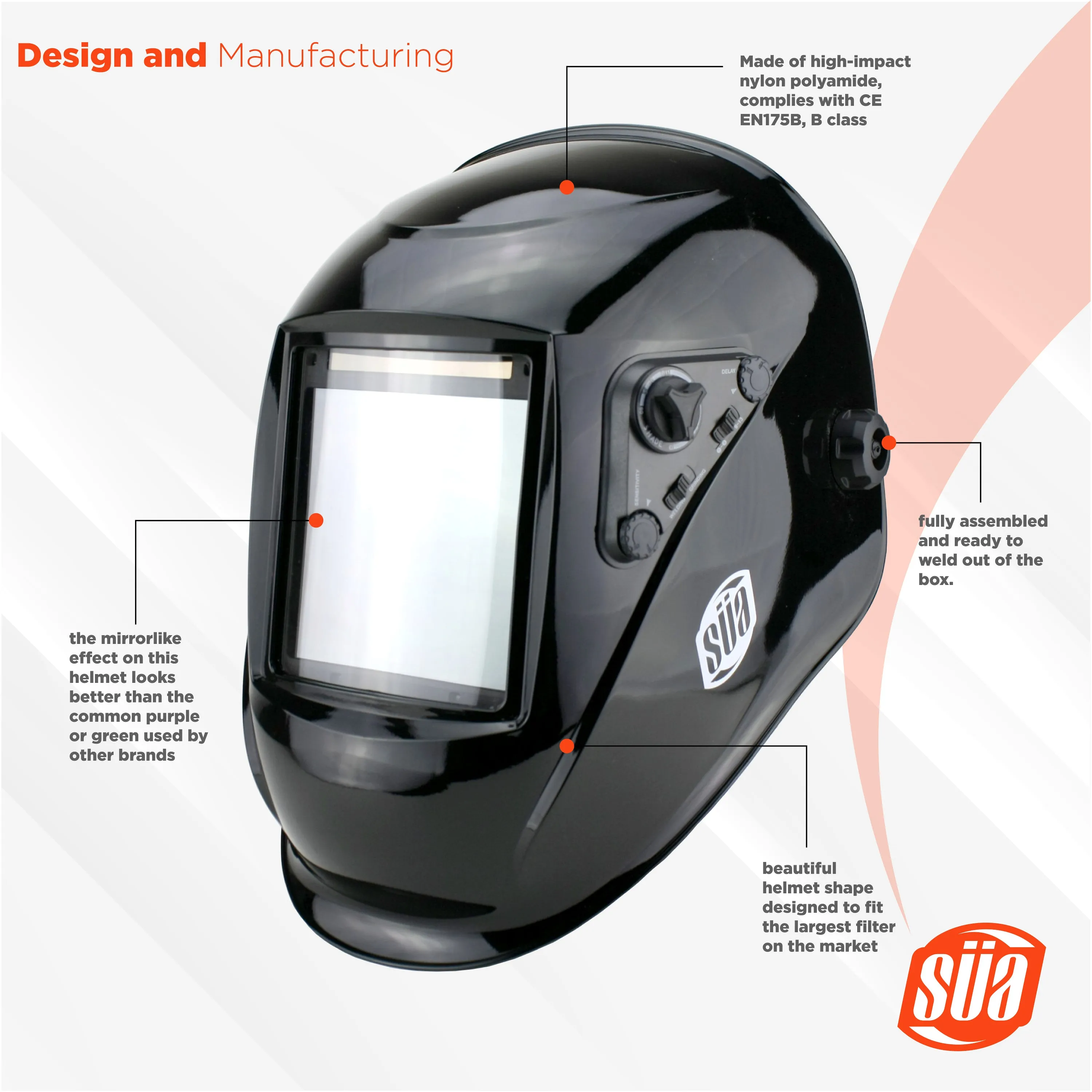 Welding Helmet  - Model: Vector - Auto Darkening - Largest Viewing Area: 4" x 4" - Photovoltaic Powered - Ergonomic Headgear